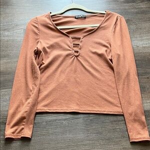 Cotton On Rust Ribbed Long-Sleeve Top with Ladder Neck Detail